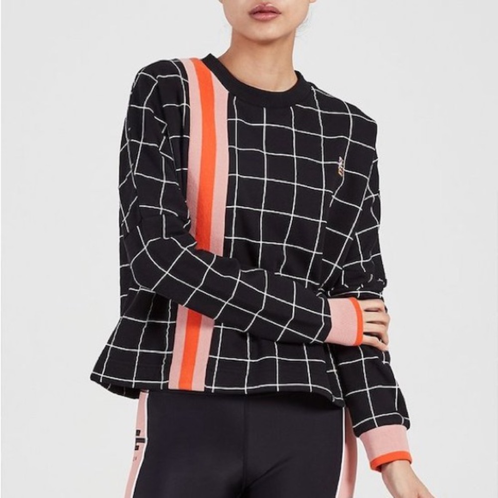 PE Nation Mogul Windowpane Checked Stripe Cropped Sweatshirt Pink Black Medium